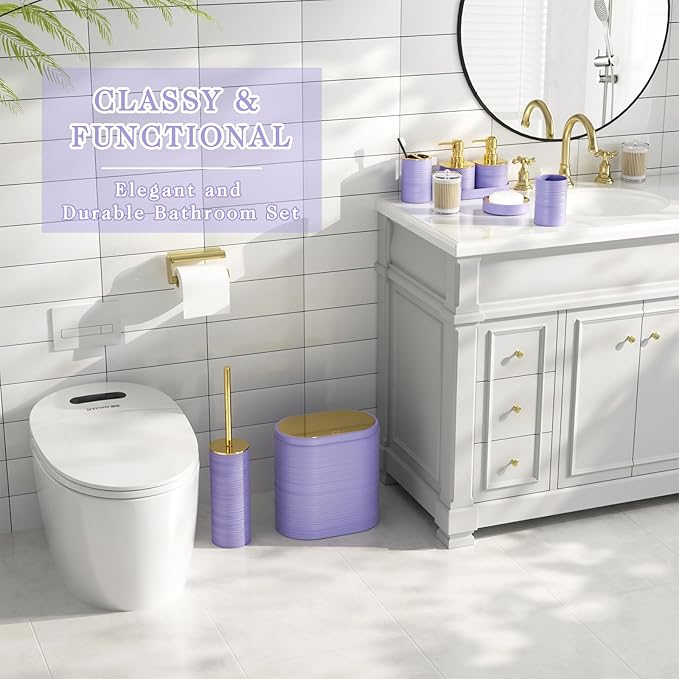Bathroom Set, 10PC Bathroom Accessory Set, Purple Bathroom Accessories, Purple and Gold Bathroom Set with Trash Can, Soap Dispensers