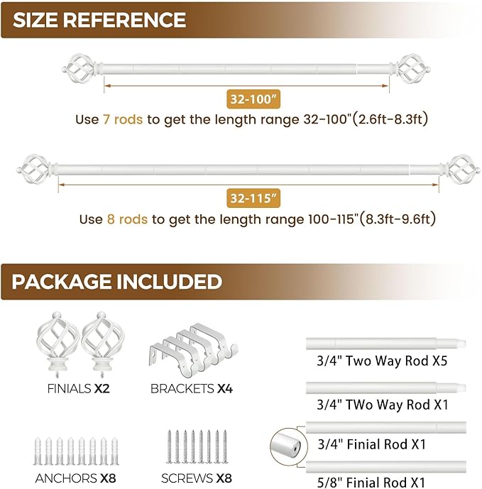 KAMANINA Curtain Rods for Windows 66 to 120 Inch, 3/4 Inch White Curtain Rod 32 to 115 Inches (2.6-9.6ft) Splicing Adjustable Single Drapery Rod with Twisted Cage Finial