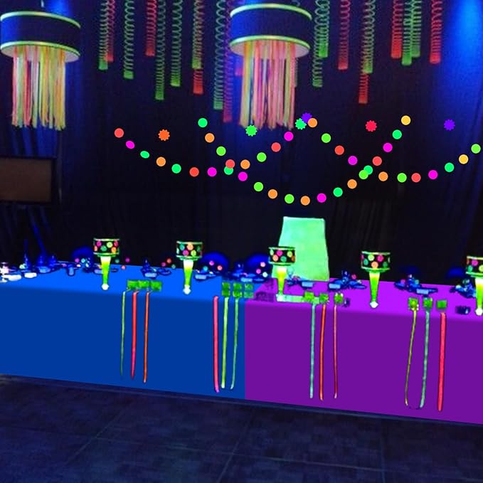 12 Pack Neon Table Cloths Party Decorations, Pink Orange Yellow Green Blue Purple Glow in The Dark Plastic Tablecloth, Disposable Rainbow Table Cover for Glow in Dark Neon Party Supplies Decorations