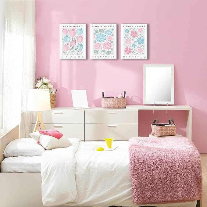 BingruiArt Flower Market Wall Art Pink and Blue Canvas Boho Floral Wall Decor Botanical College Coquette Girly Preppy Posters Prints Pictures for Apartment Batroom Bedroom Dorm Room 3Pcs 12"x16" Framed
