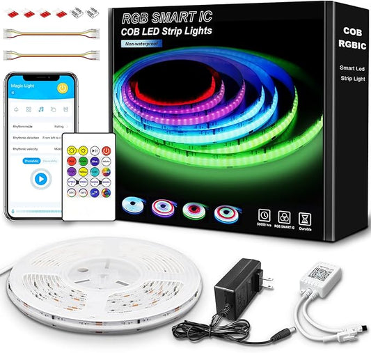 GUPUP 16.4ft COB RGB Smart IC LED Strip Lights,Addressable Color Chasing Strip Light, 24V 2880 LEDs Multicolor Flexible Tape Lighting Kit with APP Control &Music Mode, for TV,Bedroom,Party Decoration