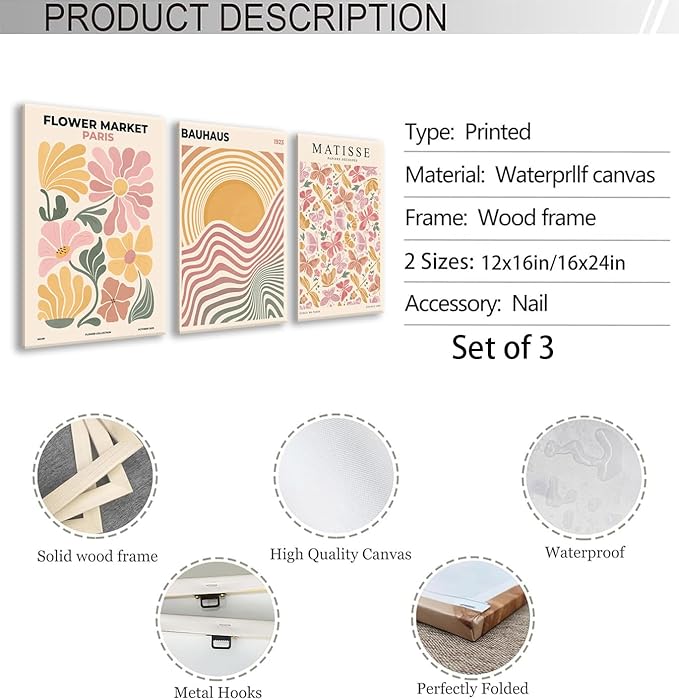 BingruiArt Boho Abstract Wall Art Yellow Canvas Flower Market Posters Set of 3 Bauhaus Pictures Matisse Print Floral Aesthetic Painting Decor for Dorm Living Room Bedroom 12"x16" Framed