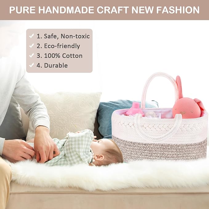 ABenkle X-Large Diaper Caddy Organizer, Boho Rustic Cotton Rope Nursery Baby Basket, Changing Table Organizer for Baby Diaper Storage and Baby Shower