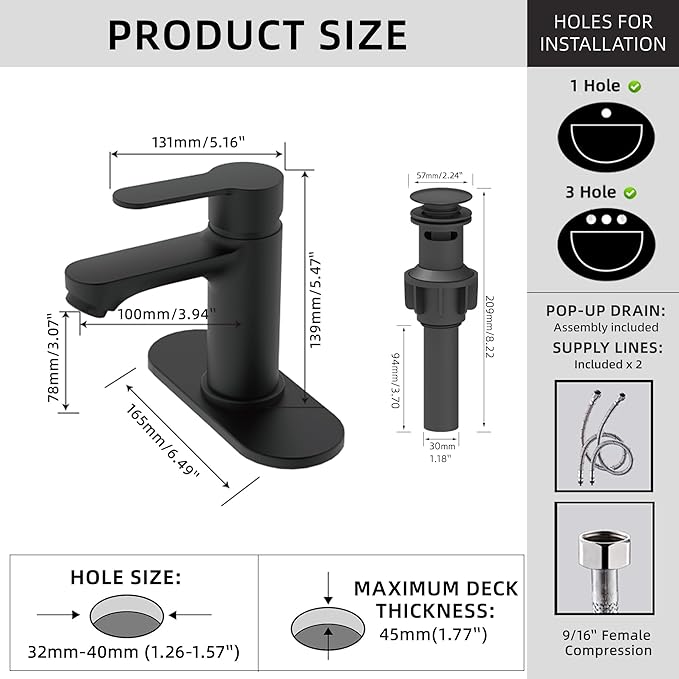 BELZ Bathroom Faucet, Single Handle Matte Black Sink Faucet for 1 or 3 Hole Installation, Modern Lead-Free Metal Vanity Faucet with Pop-Up Drain & Supply Hoses (Matte Black)