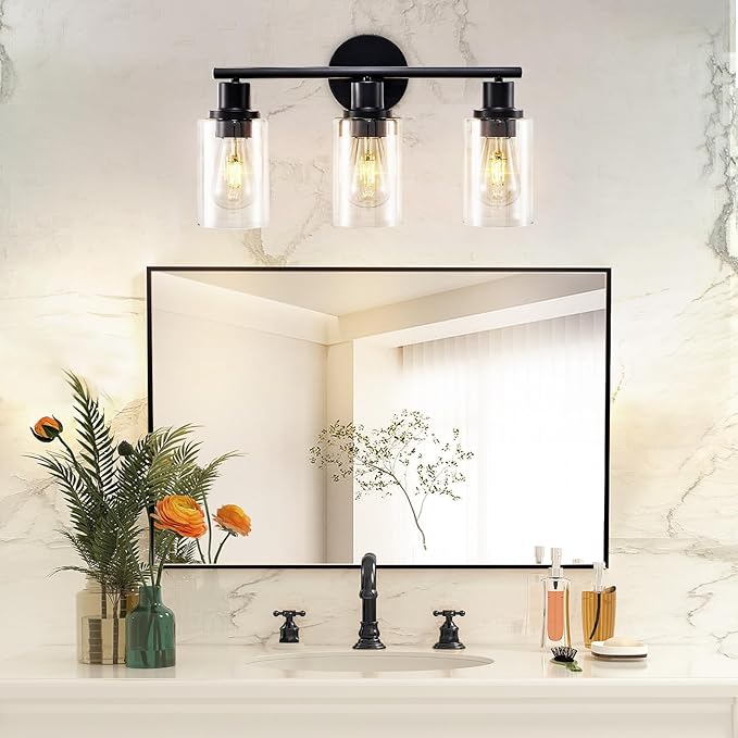 DLLT 3-Light Bathroom Light Fixtures: Black Modern Vanity Lights with 3 E26 Bulbs - Clear Glass Shade Bathroom Wall Lamp for Mirror Kitchen Living Room Hallway Cabinet Porch