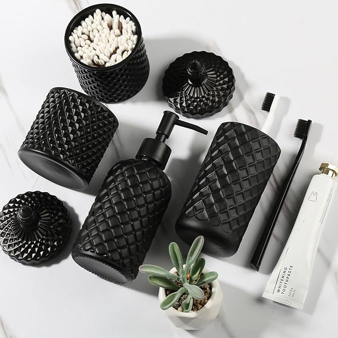 Matte Black Bathroom Accessories Set, 4 Pack Black Bath Accessory Sets Complete, Diamond Glass Soap Dispenser and Toothbrush Holder Set for Countertop, Gothic Decor Organizer Essentials