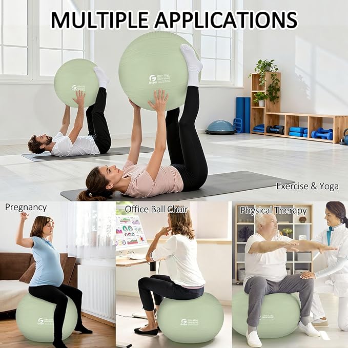 Gruper Yoga Ball, Multiple Sizes Non Slip Exercise Ball for Workout, Birthing, Balance, Stability, Pregnancy, 2200LB Capacity, Anti Burst Chair for Home and Office, Includes Quick Pump & Fitness Guide
