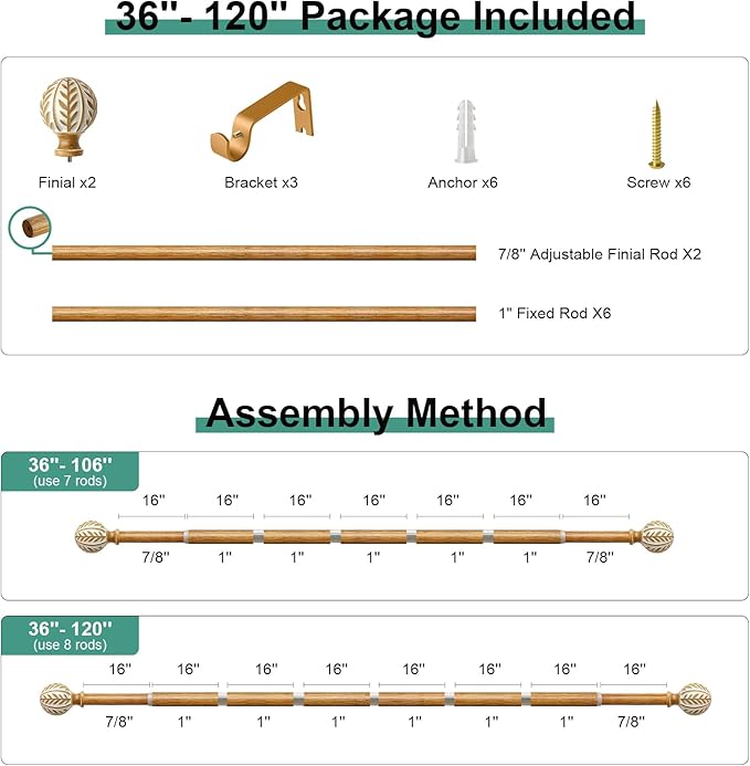 Boho Wood Curtain Rods for Windows 66 to 120 inch,1" Adjustable Heavy Duty Window Curtain Rod with Imitation Wood Grain Finials,Rustic Decorative Drapery Rods Set,Size:36-120'',Maple Wood
