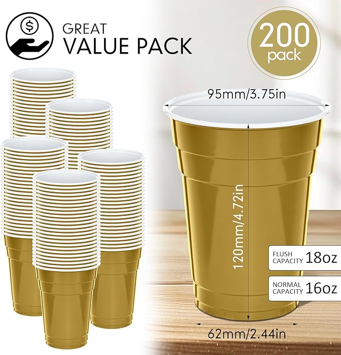 Mimorou Gold 200 Pack 16 oz Disposable Plastic Cups Bulk, Party Plastic Cups for Parties Stackable Beverage Drinking Tumbler Heavy Duty for Events Picnics and BBQ Wedding Birthday Baby Shower