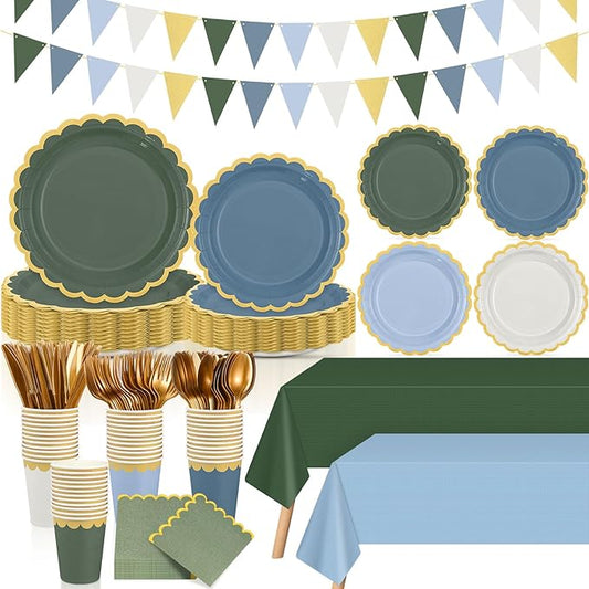 Mimorou 342 Pcs Blue and Green Party Supplies Dusty Tableware Paper Disposable Plates Napkins Cups Plastic Tablecloth Blue and Green Golden Triangle Banner for Wedding Bachelorette Birthday