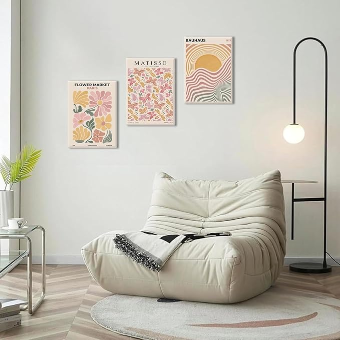 BingruiArt Boho Abstract Wall Art Yellow Canvas Flower Market Posters Set of 3 Bauhaus Pictures Matisse Print Floral Aesthetic Painting Decor for Dorm Living Room Bedroom 12"x16" Framed