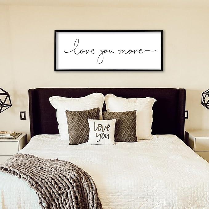 Love You More Sign Wall Decor Art 40"X15" Master Bedroom Guest Room Above Over Bed for Home Couple Rustic Large Wood Framed Wall Hanging (Black)