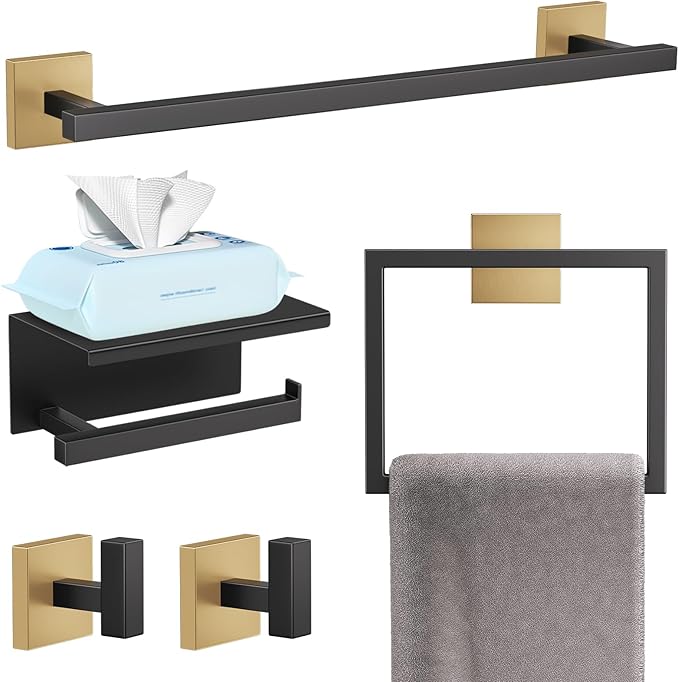 Black & Gold 5-Piece Bathroom Hardware Set – Stainless Steel Towel Bar & Holder