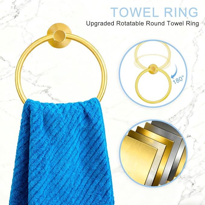 5-Piece Golden Bathroom Hardware Set - 5-in-1 Towel Rack Set, 23.6-inch SUS304 Stainless Steel Towel Bar and Toilet Paper Holder | Modern Bathroom Accessories (5, Golden)