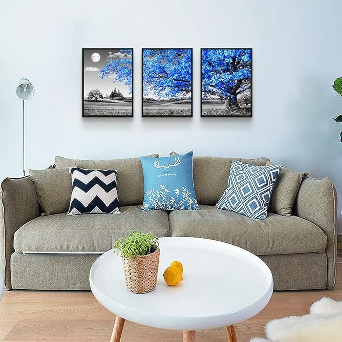Black Framed Wall Art for Living Room & Bedroom - Blue Tree Wall Paintings, Modern Home Decor - 12"X16" Set of 3 Piece Framed Art Prints