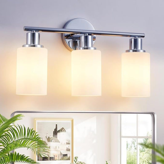 DLLT 3-Light Bathroom Light Fixtures: Chrome Modern Vanity Lights with E26 Bulbs - Milky White Glass Shade Bathroom Wall Lamp for Mirror Kitchen Living Room Hallway Cabinet Porch