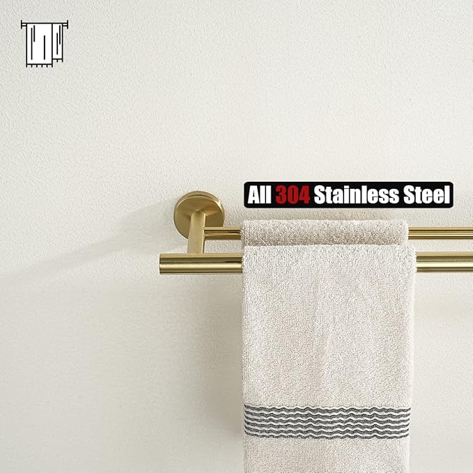 JQK Gold Double Towel Bar, 19 Inch 304 Stainless Steel Thicken 0.8mm Towel Rack Bathroom, Towel Holder Brushed Gold Wall Mount, Useable Length 16 Inch, TB100L16-BG