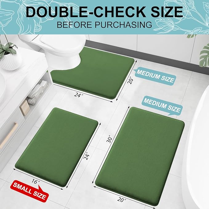 Smiry Memory Foam Bath Mat 36x24, Extra Soft and Absorbent Bathroom Mats, Non Slip Washable Carpet for Floor, Shower and Tub, Olive Green