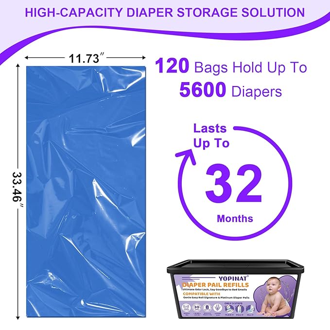 Diaper Easy Roll Bags Refill 4 Pack Compatible with Genie Easy Roll Signature & Platinum Pails 120 Refills Holds Up to 5600 Newborn Diapers Extra Thickness 7-Layer Odor-Lock Technology