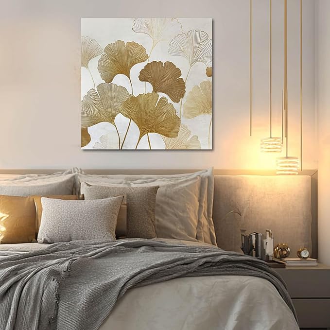 ZENPEE Beige Ginkgo Botanical Wall Art, Canvas Print, Neutral Floral Home Decor for Living Room Bedroom, Ready to Hang, Framed, 24 x 24 Inches