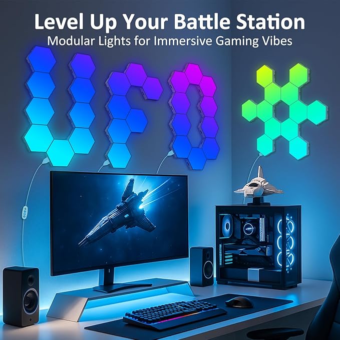 12 Pack Hexagon LED Wall Light Panels – RGB Smart Lights with APP & Remote, Music Sync Honeycomb Design – Modular Gaming Wall Decor for Bedroom, Kids Room, and Living Room