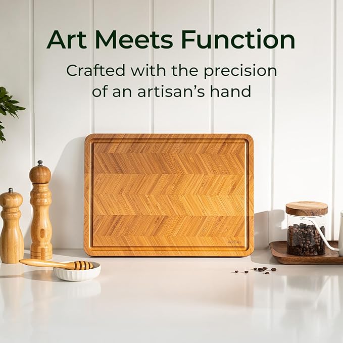 Atelier Collection Bamboo Cutting Board, Reversible Wood Chopping Boards for Kitchen with Juice Grooves, Handcrafted Large Serving Tray, Luxury Housewarming Wedding Gifts for New Home