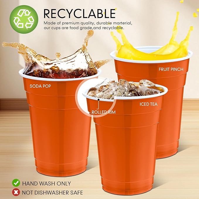 Mimorou Orange 200 Pack 16 oz Disposable Plastic Cups Bulk, Party Plastic Cups for Parties Stackable Beverage Drinking Tumbler Heavy Duty for Events Picnics and BBQ Wedding Birthday Baby Shower