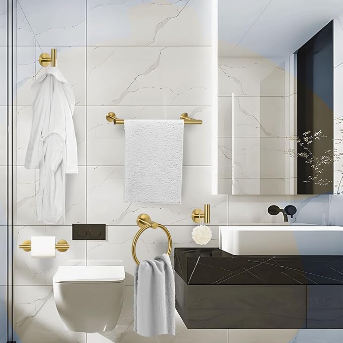 5-Piece Towel Racks for Bathroom, Stainless Steel Bathroom Accessories Set, Bathroom Towel Holder Wall Mounted, Sturdy Bath Towel Bar Set Bathroom Hardware Set (Brushed Gold, 2 Pillar Paper Holder)