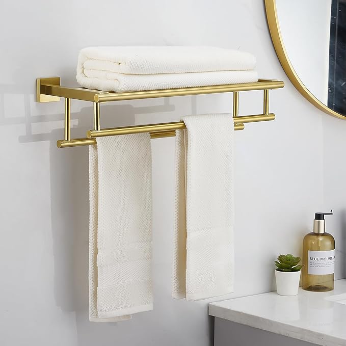 Towel Rack for Bathroom 20 Inch Wall Mounted Towel Rack Brushed Gold Towel Shelf with Double Towel Bar SUS304 Stainless Steel Towel Holder for Bathroom Wall Hotel Towel Rail