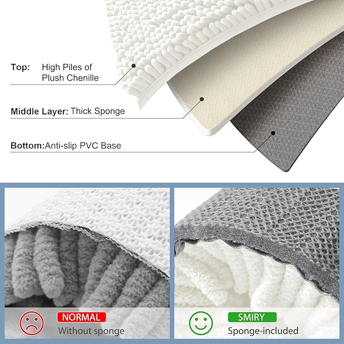 Smiry Luxury Chenille Bathroom Rugs 50x30, Extra Soft and Absorbent Shaggy Bath Mat, Machine Washable, Non-Slip Plush Carpet Runner for Tub, Shower, and Floor, Home Decor Accessories, Ivory