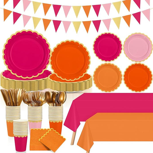 Mimorou 342 Pcs Pink and Orange Party Supplies Fall Tableware Paper Disposable Plates Napkins Cups Plastic Tablecloth Sage Golden Triangle Banner for Wedding Bachelorette Birthday