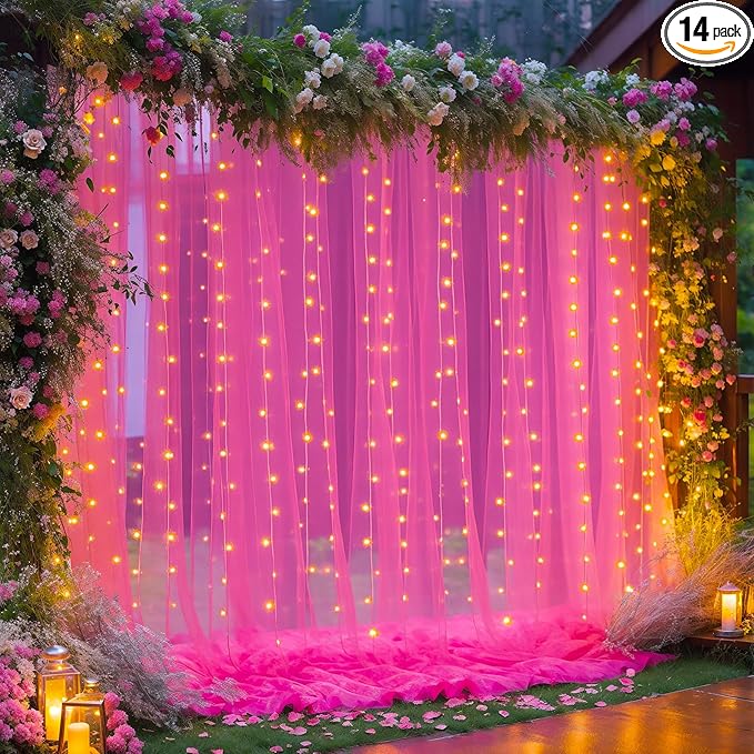 10×10ft Hot Pink Tulle Backdrop Curtain with Lights String for Parties, Sheer Photo Backdrop Curtains for Wedding Party Photography Background