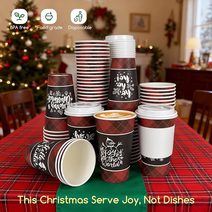 Disposable Coffee Cups with Lids for 100 Guests 16 oz, Christmas Buffalo Plaid Hot Cups for Coffee/Tea/Water/Juice, Xmas Premium Party Tableware Sets for Holiday, Winter, School, Family