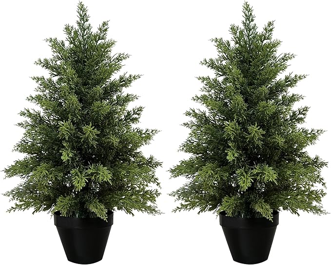 2ft Artificial Cedar Trees for Outdoors Planters Set of 2 Topiary Trees Artificial Outdoor Indoor Realistic Faux Cedar Tree for Home Front Porch Office Entryway Decor