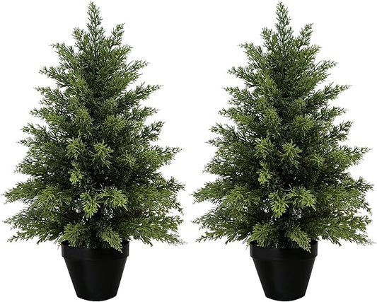 2ft Artificial Cedar Trees for Outdoors Planters Set of 2 Topiary Trees Artificial Outdoor Indoor Realistic Faux Cedar Tree for Home Front Porch Office Entryway Decor