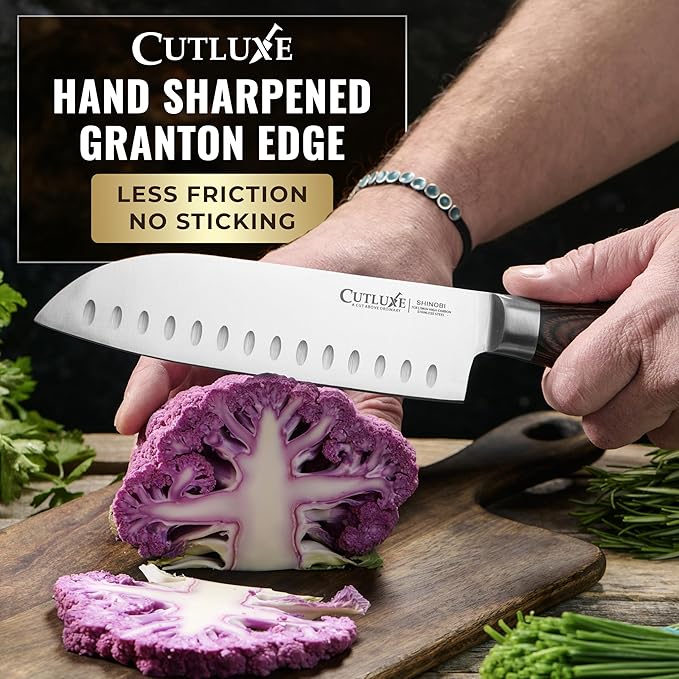 Santoku Knife – Ultra Sharp 7 Inch Meat and Vegetable Japanese Knife for Chopping, High Carbon Stainless Steel Blade, Full Tang Pakkawood Handle – Shinobi Series