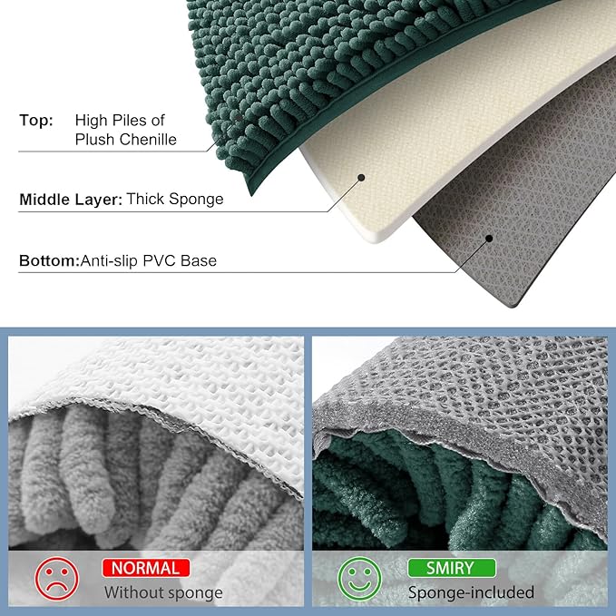 Smiry Luxury Chenille Bathroom Rugs 59x20, Extra Soft and Absorbent Shaggy Bath Mat, Machine Washable, Non-Slip Plush Carpet Runner for Tub, Shower, and Floor, Home Decor Accessories, Green