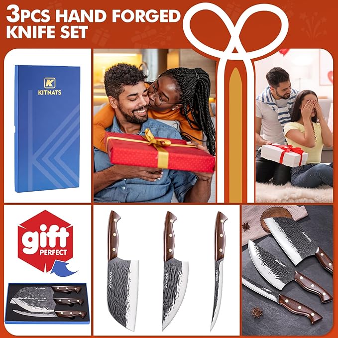 3PCS Butcher Knife Set,Hand Forged Serbian Chef Knife, Meat Cleaver,Boning Knife, Meat Cutting Kitchen Set for Home Cooking BBQ Perfect for Men Women With Gifts Box