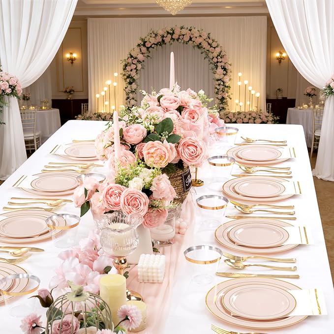 GATHER 350PCS Pink Plastic Plates - Disposable Plastic Dinnerware Set Include 100 Pink Plates, 150 Silverware, 50 Napkins, 50 Cups for Party & Wedding