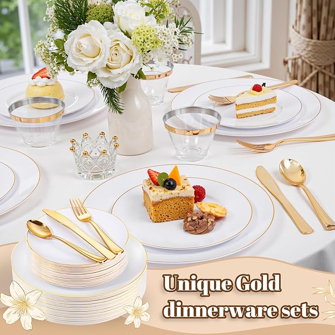 WDF 150Pcs White and Gold Plastic Plates - Gold Plates Disposable - 25guest Disposable Dinnerware Include 25 Dinner Plate, 25 Dessert Plate, 25 Cutlery & 25 9oz Cups for Wedding & Christmas Party