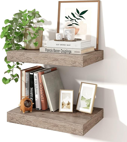 Axeman 16Inch Floating Shelves for Wall, 2 Pack Shelves for Bedroom, Bathroom, Kitchen, Hanging Wall Mounted Rustic Wood Shelf with Invisible Brackets for Books Decor, Grey