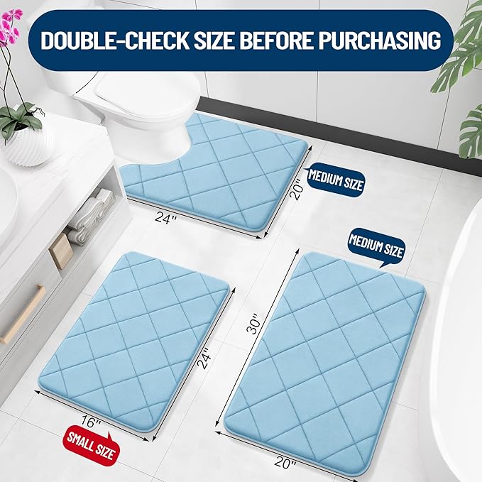 OLANLY Memory Foam Bath Mat 59x20, Ultra Soft and Absorbent Bathroom Rugs, Machine Washable, Comfortable Bath Carpet for Bathroom Floor, Tub and Shower, Sky Blue