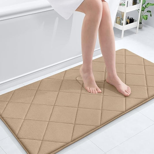 OLANLY Memory Foam Bath Mat 44x24, Ultra Soft and Absorbent Bathroom Rugs, Machine Washable, Comfortable Bath Carpet for Bathroom Floor, Tub and Shower, Tan