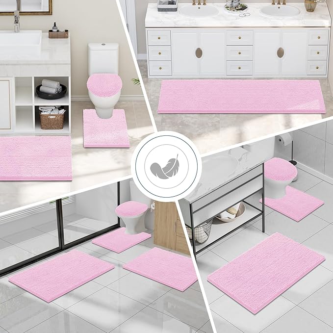 Smiry Luxury Chenille Bathroom Rugs 47x24, Extra Soft and Absorbent Shaggy Bath Mat, Machine Washable, Non-Slip Plush Carpet Runner for Tub, Shower, and Floor, Home Decor Accessories, Pink