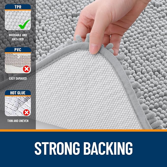 OLANLY Bathroom Rugs Sets 3 Piece, Soft Absorbent Chenille Bath Mats and U-Shaped Contour Toilet Rug, Quick Dry, Home Decor Accessories, Bath Mat Set for Floor (47"x20"+24"x16"+24"x20", Light Grey)