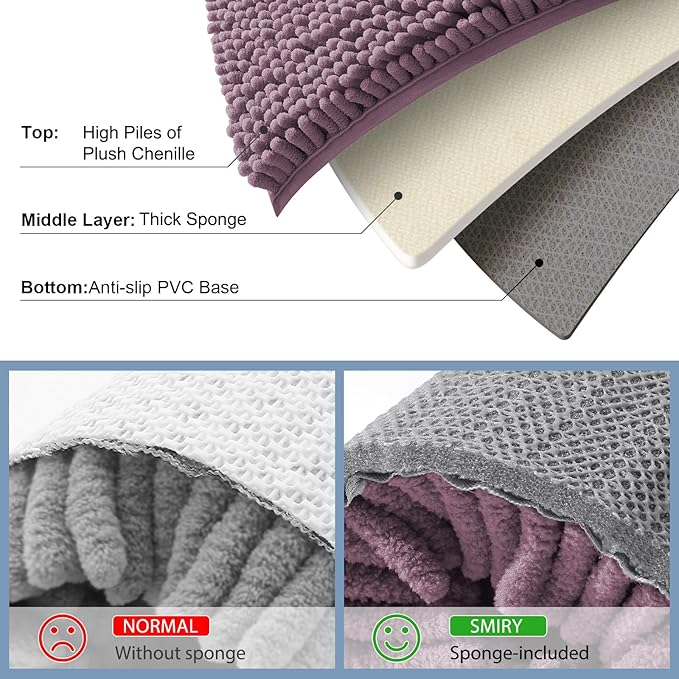 Smiry Luxury Chenille Bathroom Rugs 30x20, Extra Soft and Absorbent Shaggy Bath Mat, Machine Washable, Non-Slip Plush Carpet Runner for Tub, Shower, and Floor, Home Decor Accessories, Deep Plum