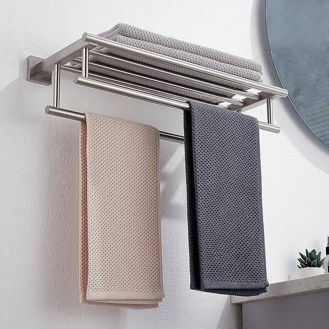 Towel Rack for Bathroom 20 Inch Wall Mounted Towel Rack Brushed Nickel Towel Shelf with Double Towel Bar SUS304 Stainless Steel Towel Holder for Bathroom Wall Hotel Towel Rail
