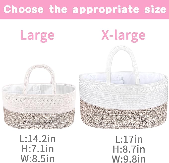 ABenkle X-Large Diaper Caddy Organizer, Boho Rustic Cotton Rope Nursery Baby Basket, Changing Table Organizer for Baby Diaper Storage and Baby Shower