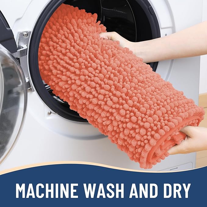 Arotive Luxury Chenille Bathroom Rug Mat, Extra Soft Thick Absorbent Shaggy Bath Rugs, Non-Slip Machine Wash Dry, Plush Bath Mats for Bathroom, Shower and Tub, 60x24, Coral