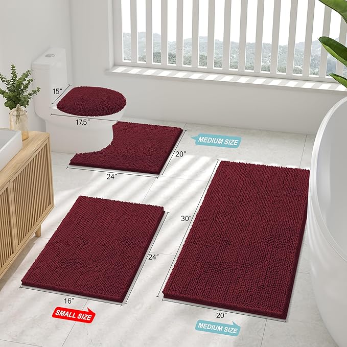 Smiry Luxury Chenille Bathroom Rugs 47x20, Extra Soft and Absorbent Shaggy Bath Mat, Machine Washable, Non-Slip Plush Carpet Runner for Tub, Shower, and Floor, Home Decor Accessories, Burgundy
